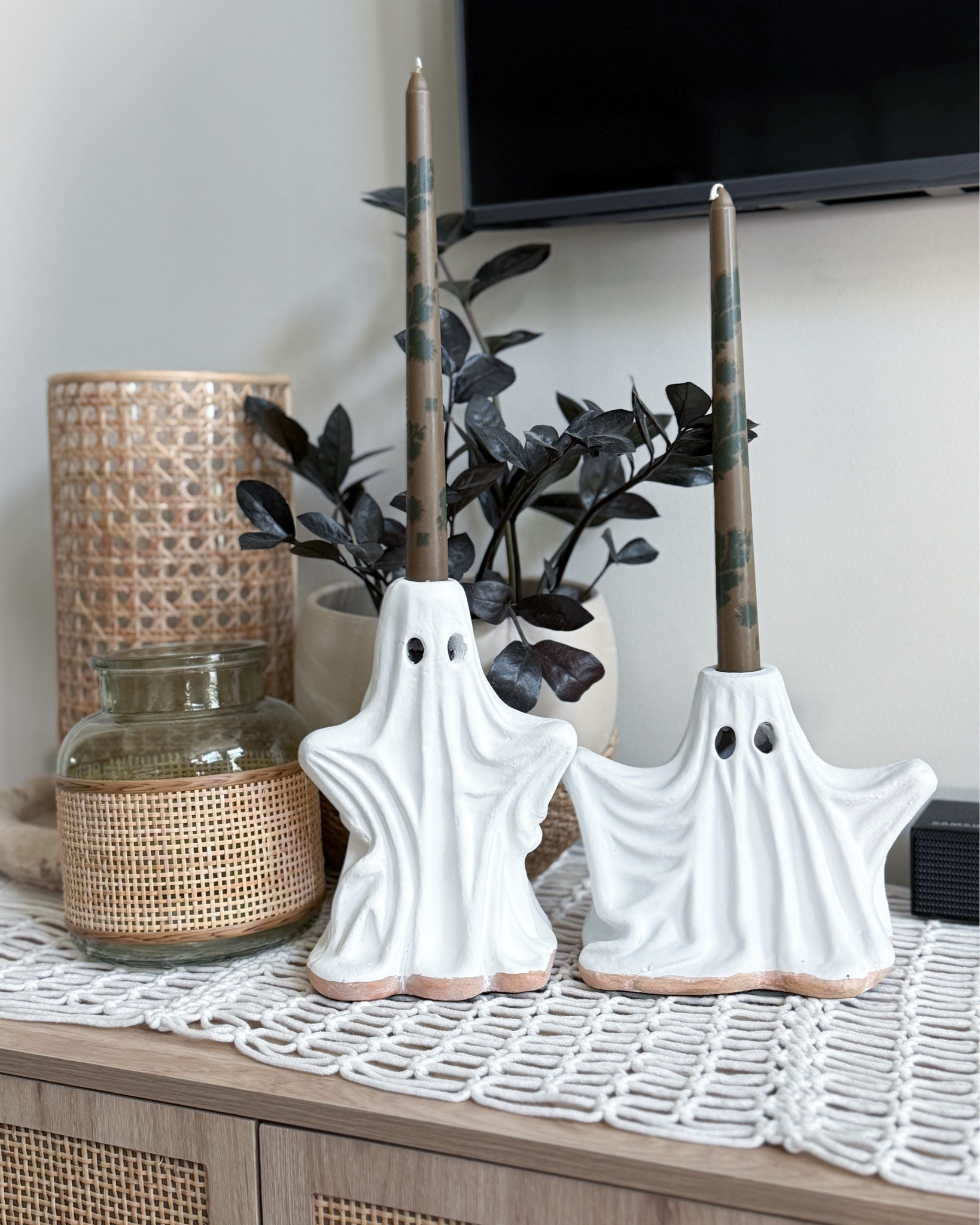 The ghost candle holders from Pottery Barn. I couldn’t resist this terracotta version of their viral ghost decor, especially when paired with these fall leaf tapers from Target. Subtle, spooky, &  just the right kind of seasonal.

pottery barn ghost candle holders - terracotta halloween decor - ghost taper holders - spooky fall home decor - neutral halloween aesthetic - pottery barn halloween - halloween taper candles - fall leaf taper candles - halloween candle holder styling - target fall taper candles

#LTKSeasonal #LTKFamily #LTKHome