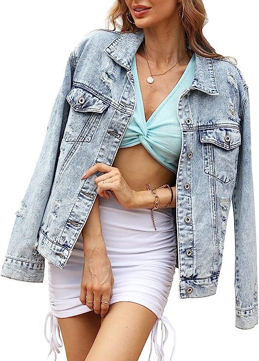 Cantonwalker Loose Women's Denim Jean Jacket,Oversize Vintage denim jacket,Long Sleeve Boyfriend ... | Amazon (US)