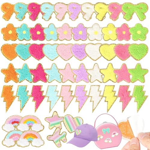 Self-Adhesive Chenille Patches for Girly Bags: NICEVINYL 57PCS Multicolor Flower Star Heart Cute Patch Embroidered Stick on - Lightning Rainbow Sticker Applique for Clothing Fabric Backpack Decor | Amazon (US)