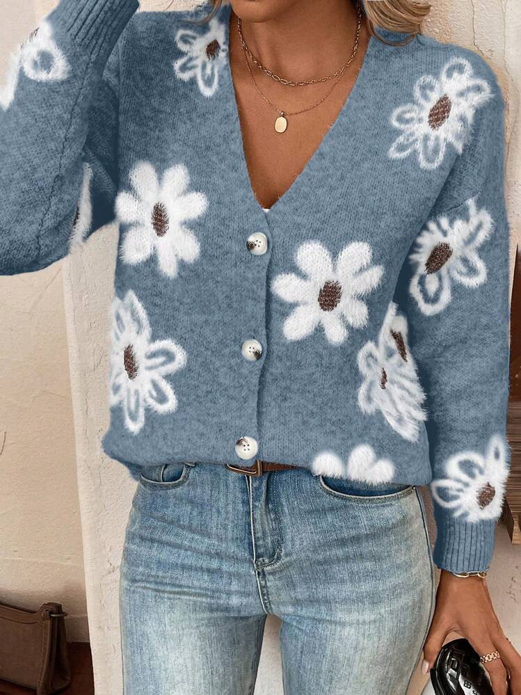 Chiquease Floral Pattern Button Front Cardigan,Long Sleeve Tops | SHEIN
