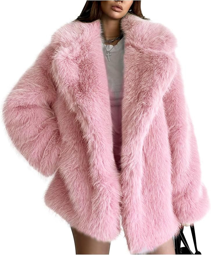 Kissonic Women's Long Faux Fur Coat Lapel Shaggy Winter Jacket Luxury Warm Furry Open Front Outer... | Amazon (US)