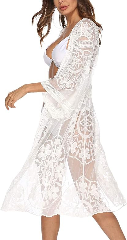 Women's Lace Cardigan Floral Crochet Sheer Beach Cover Ups Long Open Kimono | Amazon (US)