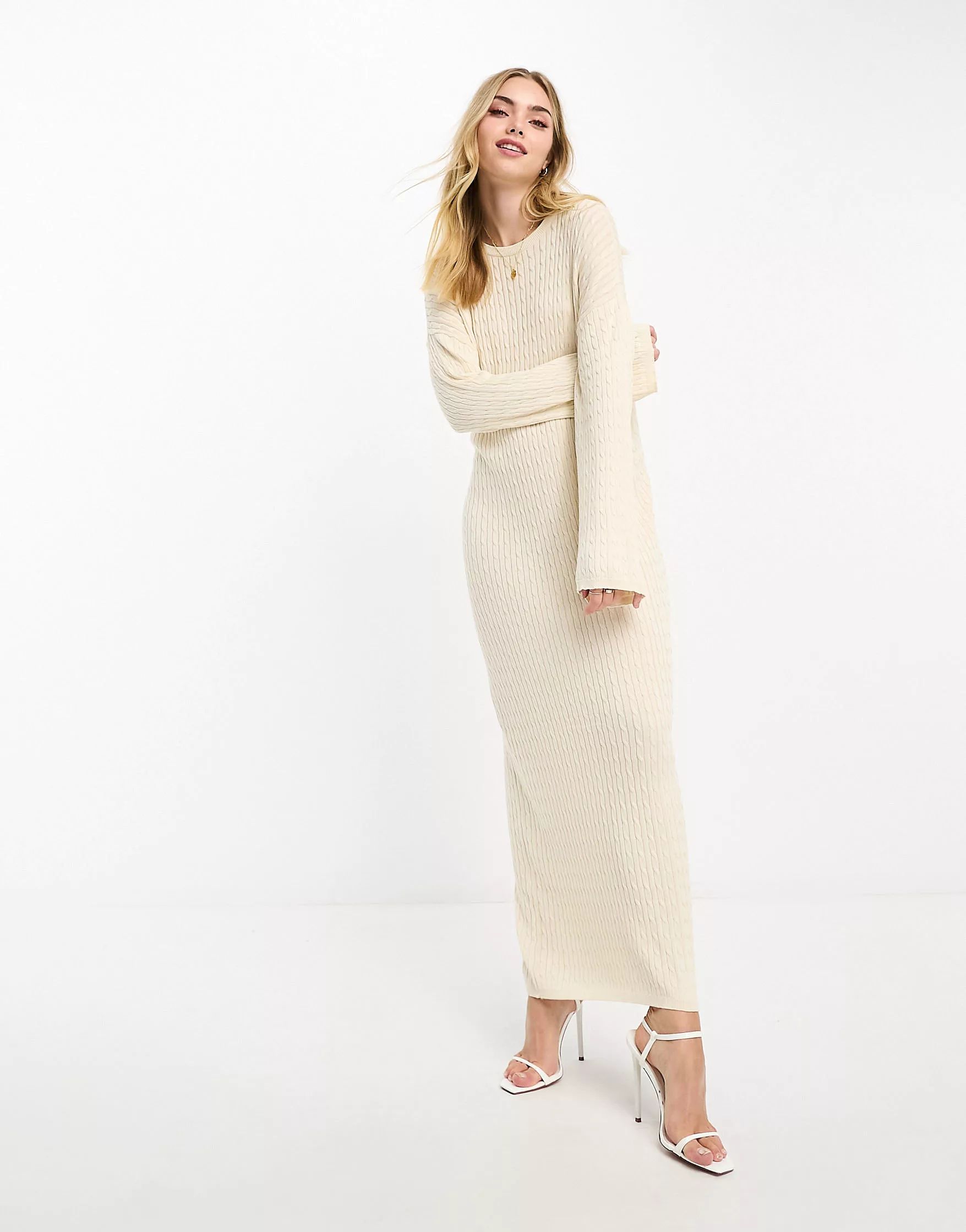 Vero Moda premium textured long sleeve knit maxi dress in cream | ASOS (Global)
