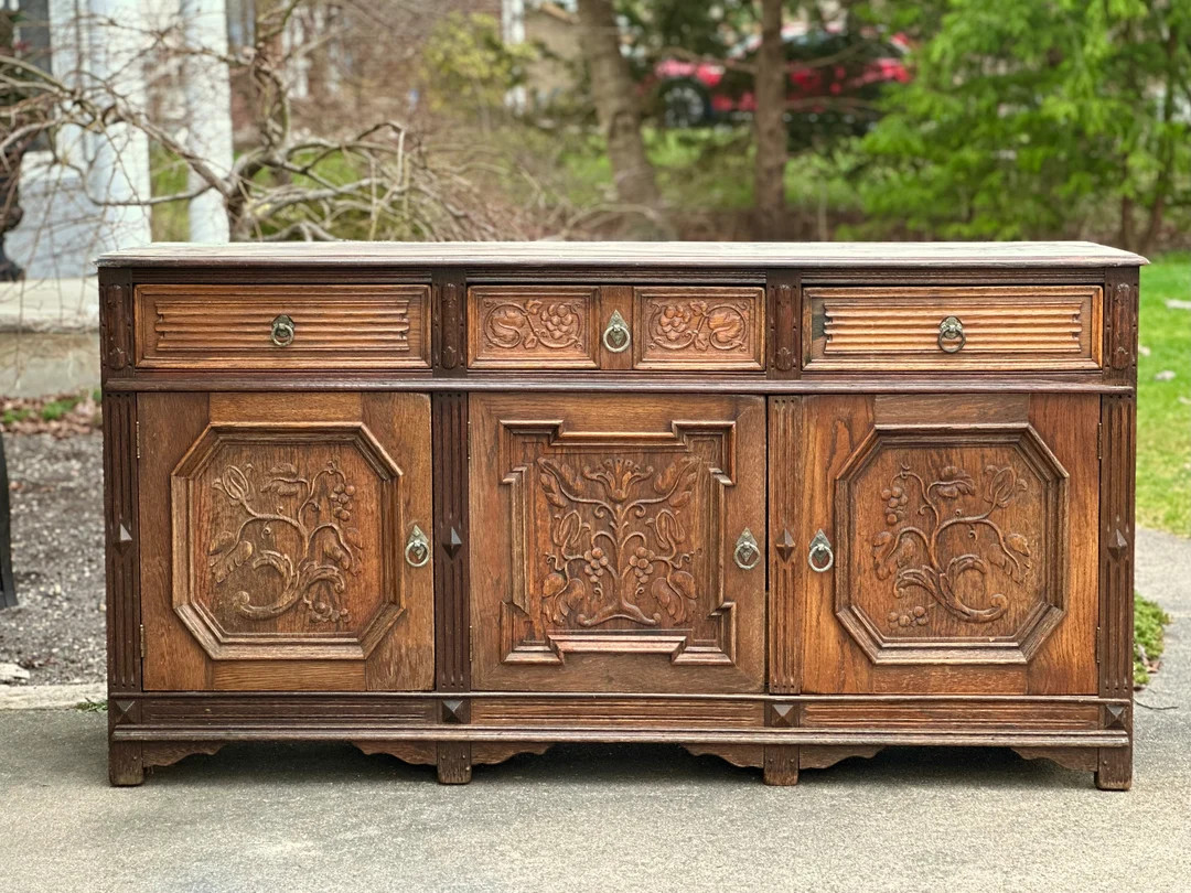 RARE Antique 1900's Jacobean Renaissance Gothic Style Carved Solid Oak Buffet Sideboard Media Con... | Etsy (US)