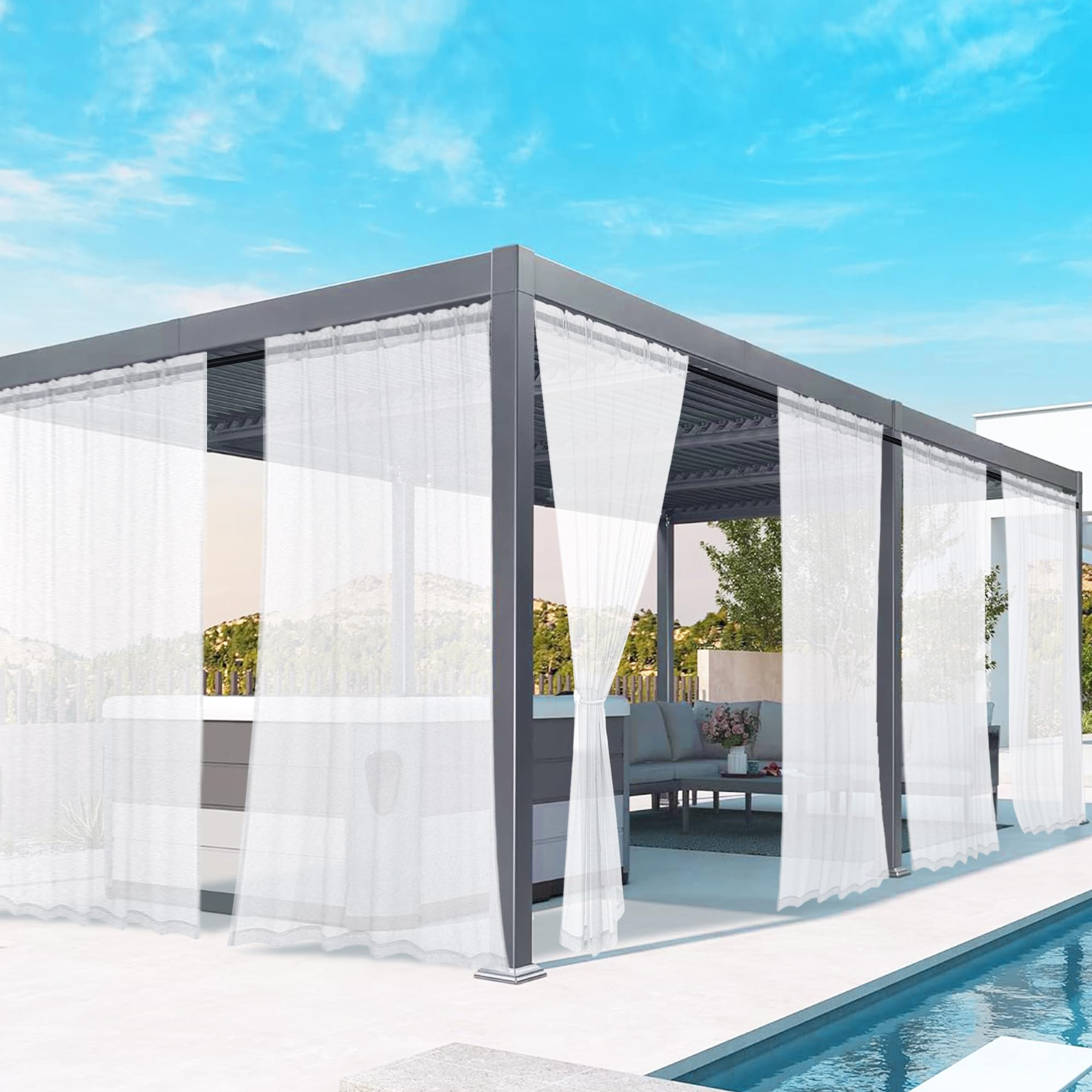 youleyar White Outdoor Sheer Curtains for Patio Waterproof - 6 Panels Linen Look Rod Pocket Curtain Light Filtering Outside Drapes for Living Room, Pergola, Cabana, Gazebo, 52" W x 84" L, White | Amazon (US)