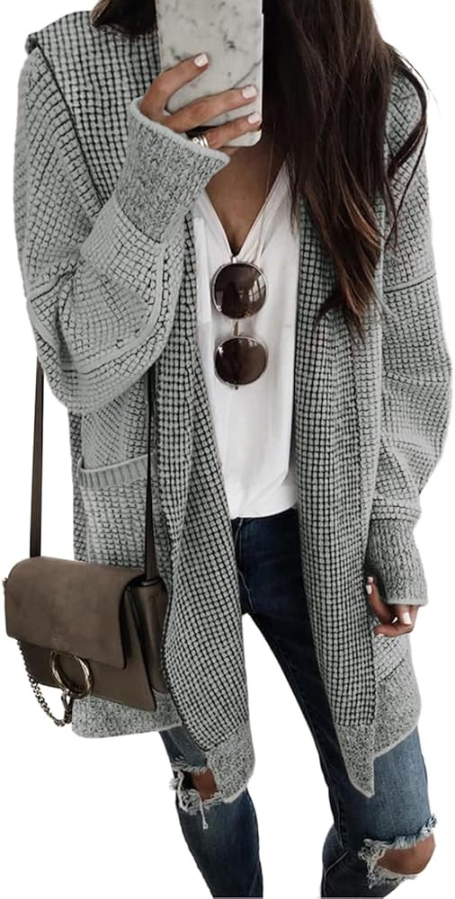 Sidefeel Women's Cardigan Sweaters Hooded Oversized Open Front Chunky Knit Plaid Sweater Coat Fal... | Amazon (US)