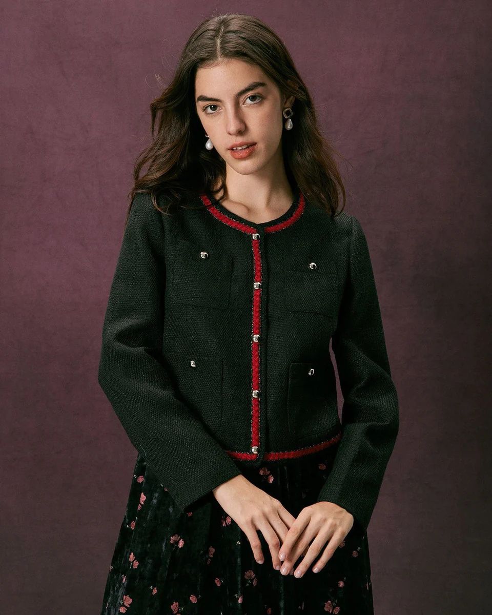 The Black Colorblock Button Tweed Jacket & Reviews - Black - Outerwear | RIHOAS | rihoas.com