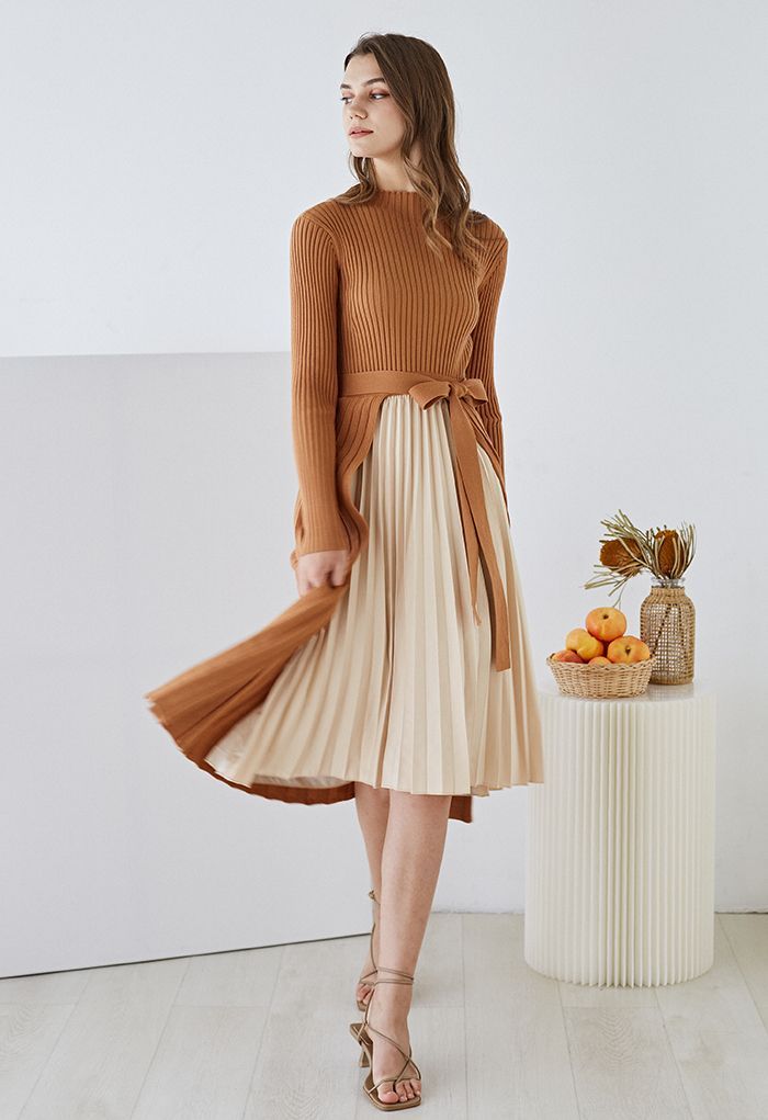 Front Pleats Splicing Belted Hi-Lo Knit Dress in Caramel | Chicwish