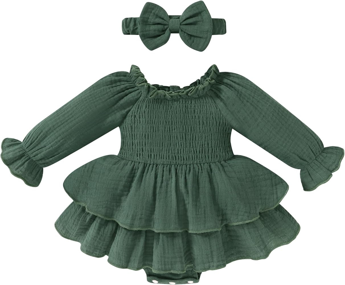 Happy Town Baby Girl Romper Cute Infant Girls Cotton Clothes Long Sleeve Dress with Headband Fall... | Amazon (US)