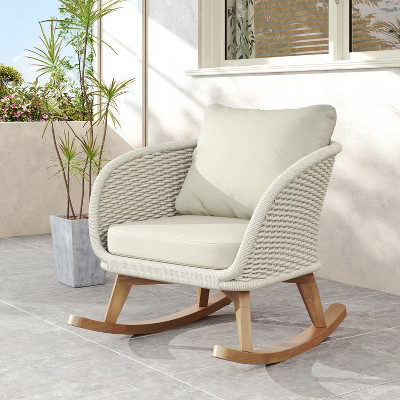 Beige Wicker Rocking Chair with Polyester Cushions, Wooden Frame, Generous Seat, Smooth Rocking Motion for Indoor or Outdoor | Target