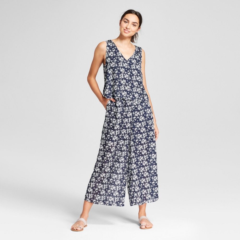 Women's Floral Double V -Neck Wide Leg Jumpsuit - K by Kersh Navy/White XS | Target