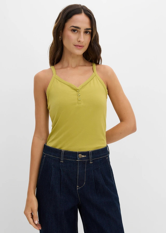 Top met spaghettibandjes en biologisch katoen (set van 2) cactusgroen-wolwit | Bonprix NL (Influencer)