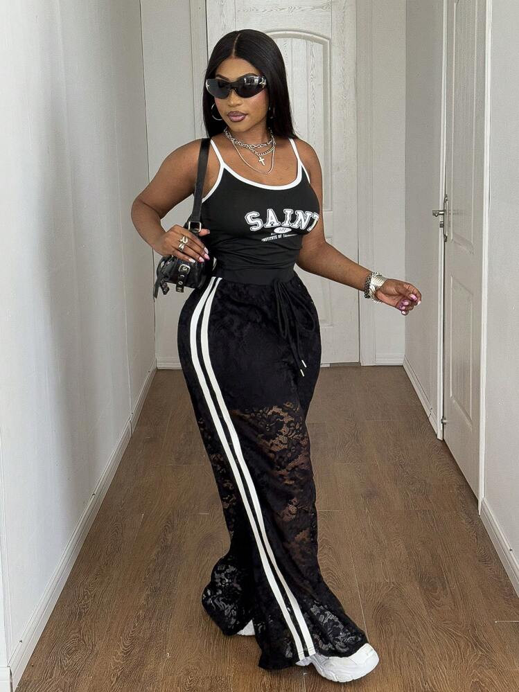 Maweii Plus Size Women's High Waist Lace See-Through Pants Fall Cloth For Women | SHEIN