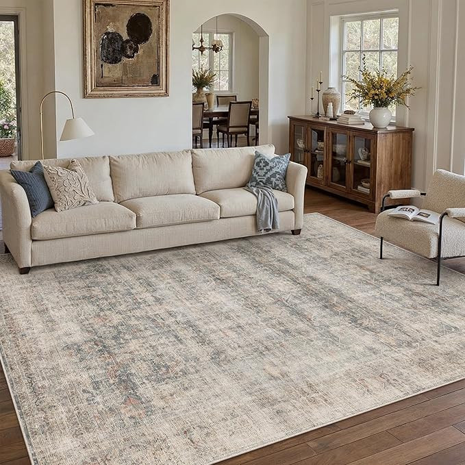 8x10 Washable Area Rug for Living Room Bedroom Vintage Blue Brown Non Slip Carpet Traditional Ret... | Amazon (US)