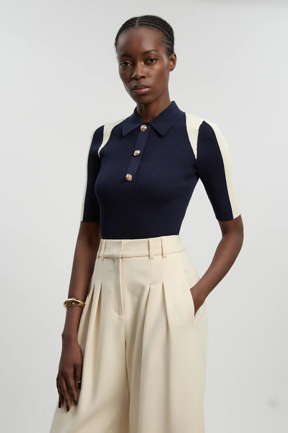 Rib Knit Military Colour Block Short Sleeve Top | Karen Millen