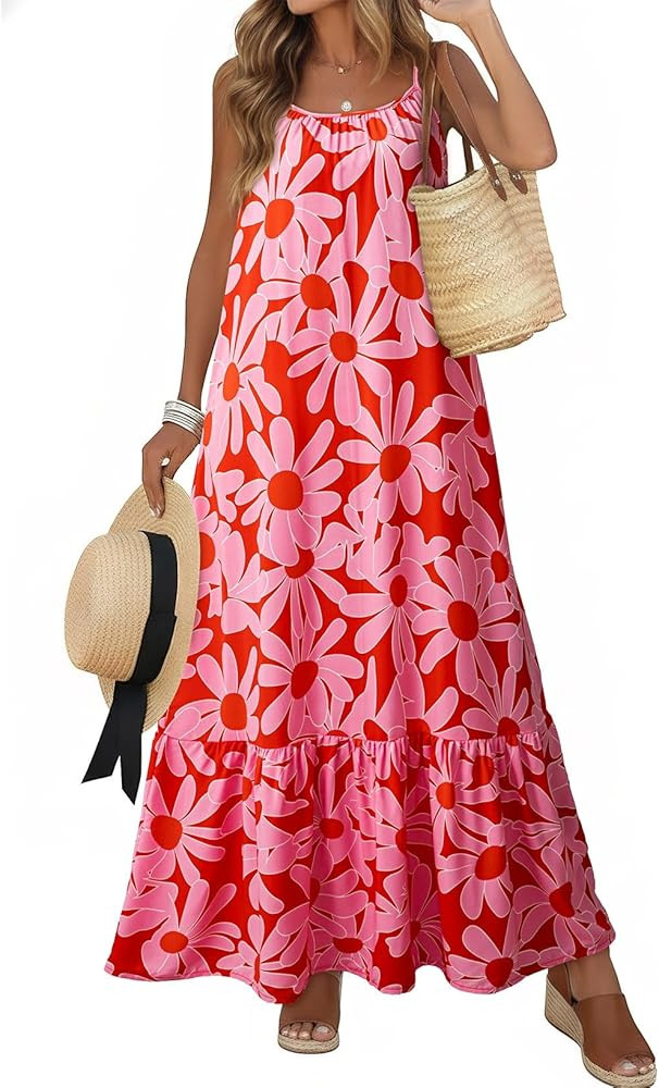 Dokotoo Women Summer Dresses Scoop Neck Ruffle Flowy Boho Maxi Dress | Amazon (US)