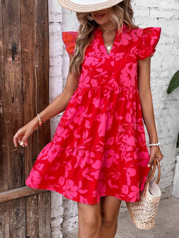 SHEIN VCAY Floral Print Butterfly Sleeve Ruffle Hem Smock Dress | SHEIN