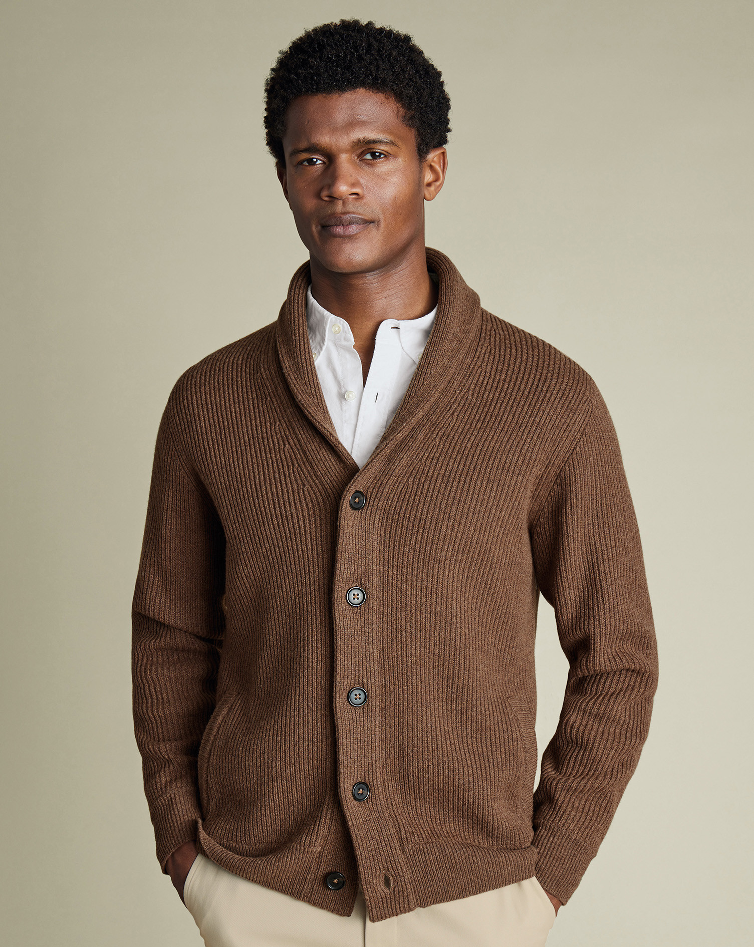 Pure Merino Shawl Neck Chunky Cardigan - Toffee | Charles Tyrwhitt