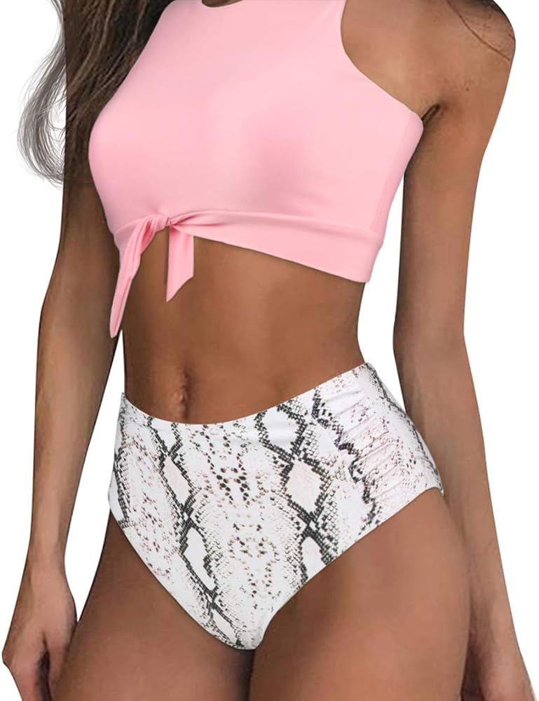 SUUKSESS Women Knot Tankini Set Ruched High Waist 2 Piece Cute Swimsuits | Amazon (US)