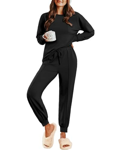 Ekouaer Lounge Sets for Women 2 Piece Jogger Pajama Long Sleeve Pants Loungewear Sweatsuits Casual Matching Outfits Black XXL | Amazon (US)
