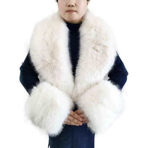 Eosxrp Faux Fur Collar Cuffs Set Warm Fake Fur Scarf Winter Women Fluffy Large Shawl Furry Scarves (Beige-set) | Amazon (US)