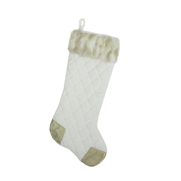 20.5" Quilted Cream White Velvet Christmas Stocking with Heel and Toe Design and Tan Faux Fur Cuff | Bed Bath & Beyond