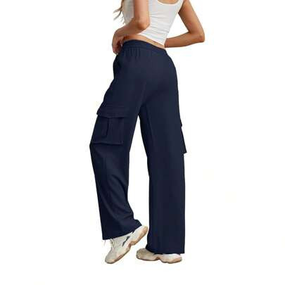 Womens Cargo Trousers Joggers Work Straight Wide Leg Lounge Cargo Pants Elastic Waist Stretch Combat Trousers With Pockets Sport Jogging Tracksuit Bot | SHEIN