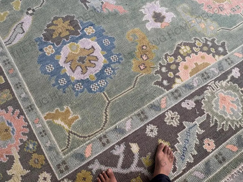 Hand Knotted Sage Green Wool Rug With Pastel Floral Motifs Soft Muted Oushak Style Handmade Area ... | Etsy (Global)