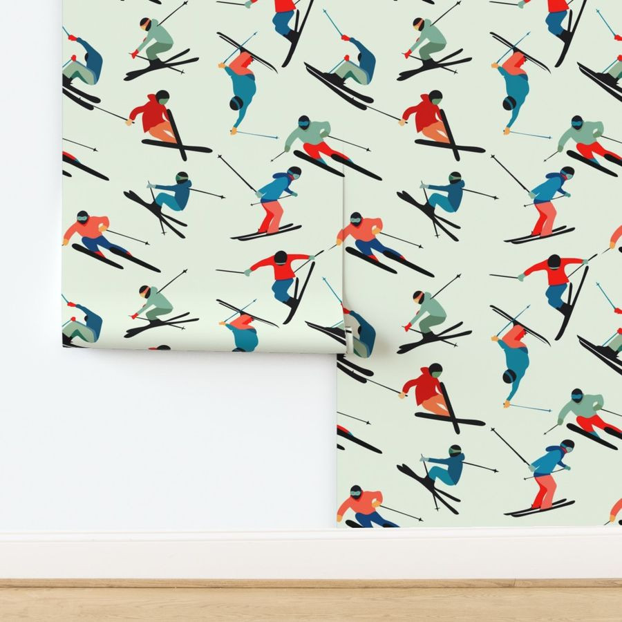 Alpine Skiers Neutral/Mint (Terrain Wallpaper | Spoonflower | Spoonflower