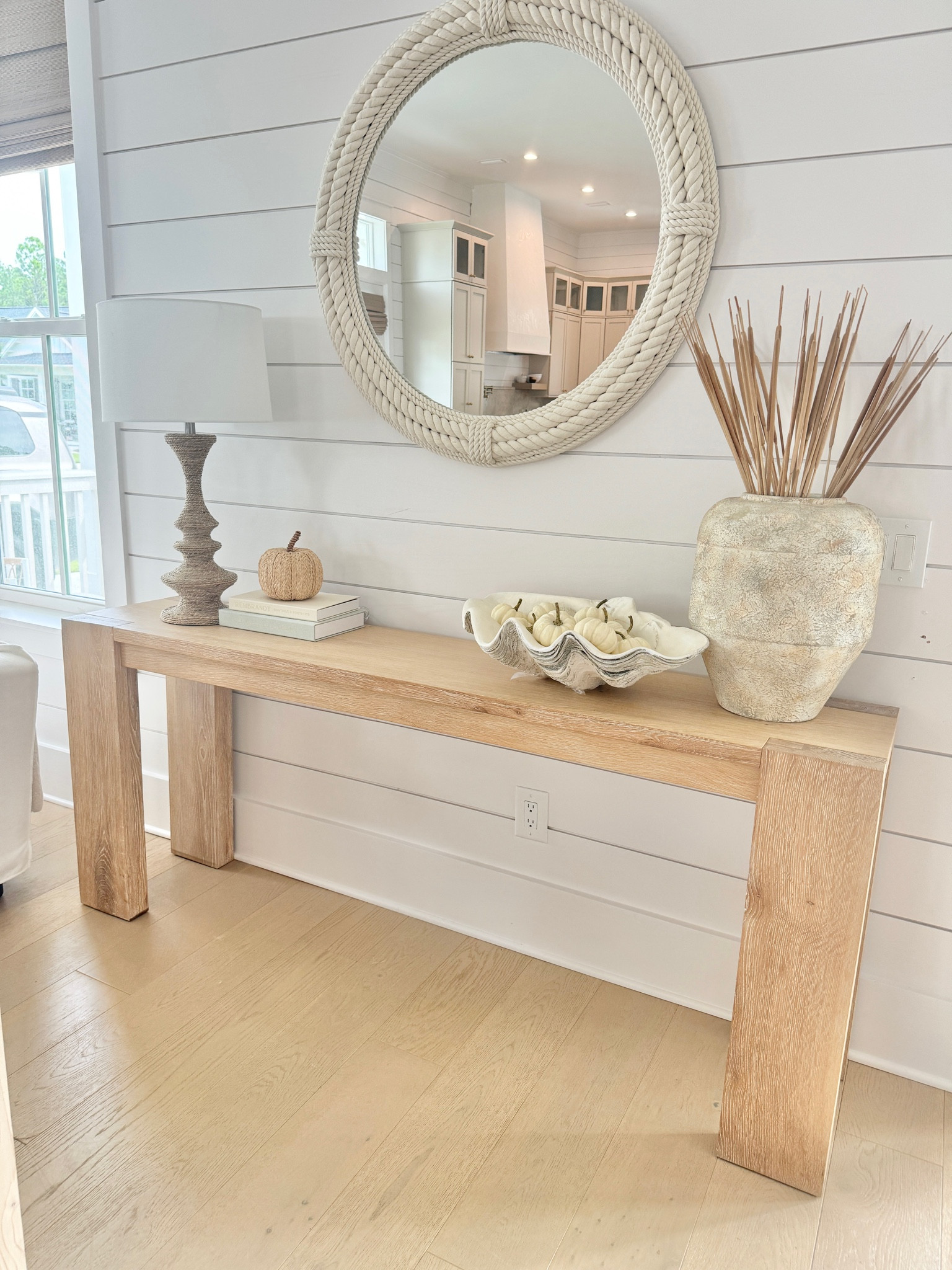 Coastal console table with fall decor.  

#LTKHome #LTKSaleAlert #LTKSeasonal
