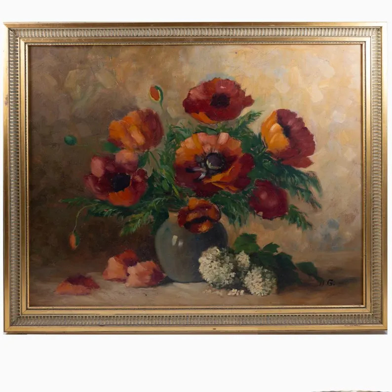 Large Original Vintage Still Life Oil Painting - Red Poppies and White Flowers - Gilt Framed - Si... | Etsy (US)
