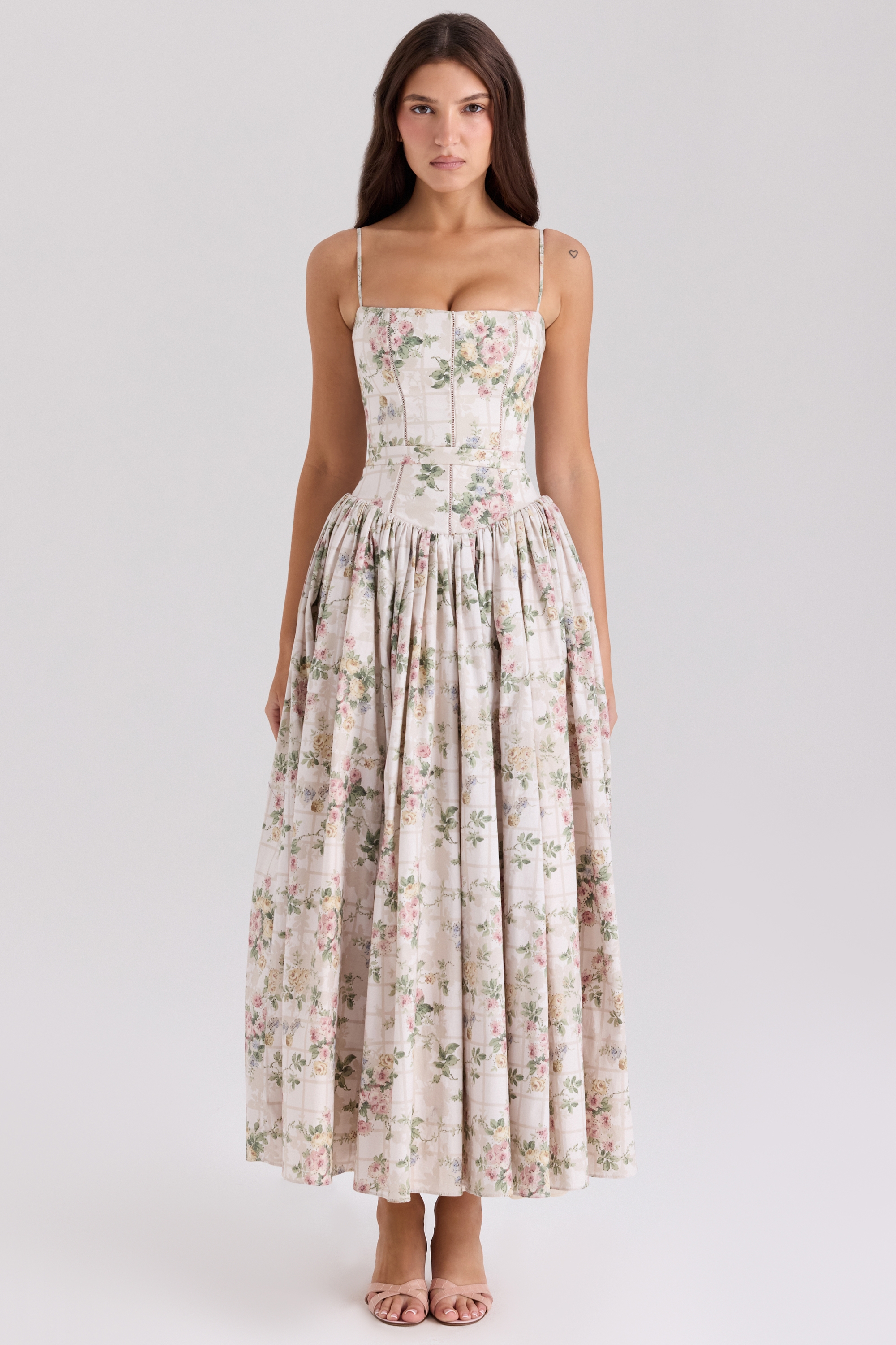 cream floral print cotton midi sundress | House of CB