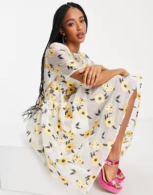 Sister Jane Lady Love smock dress in organza with embroidered flowers in yellow | ASOS (Global)