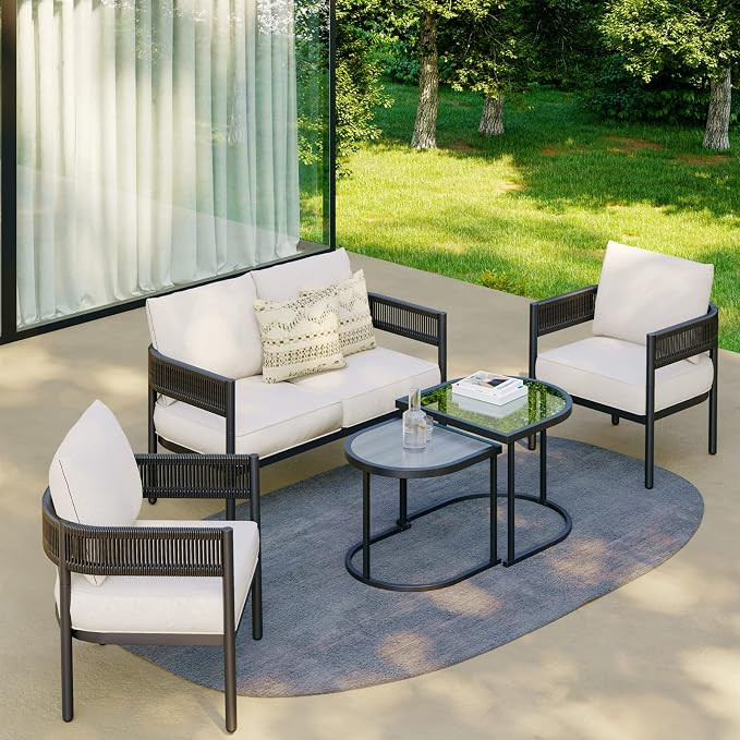 Grand patio 5-Piece Outdoor Conversation Set, Woven Wicker, Steel Frame, with Olefin Cushions and... | Amazon (US)