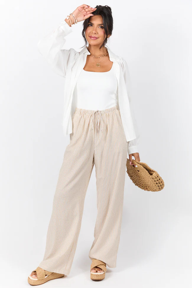 Bright Mornings Taupe and Ivory Pull On Striped Pants | Pink Lily