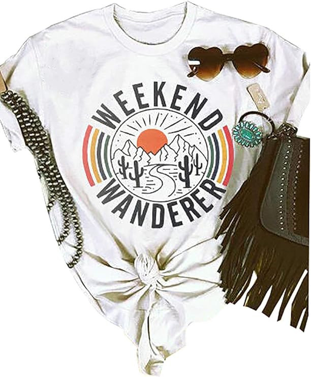 Weekend Wanderer Cactus T-Shirt for Women Casual Letters Print Graphic Tees Tops | Amazon (US)