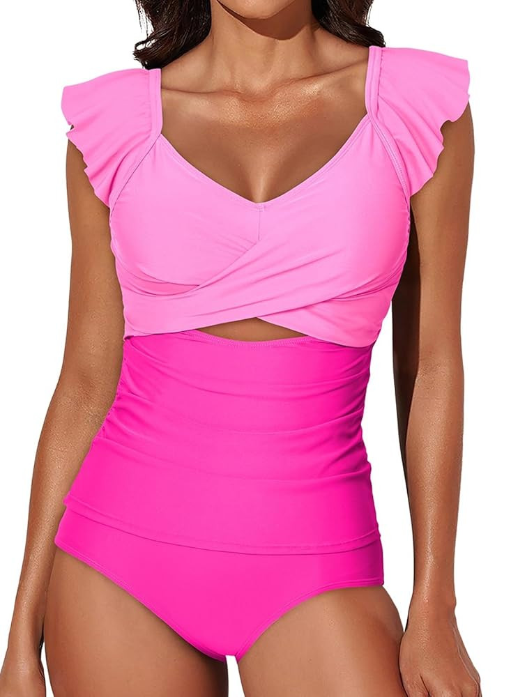 Aleumdr Two Piece Tankini Swimsuits for Women Cutout Tummy Control Bathing Suit Ruffled V Neck Ta... | Amazon (US)