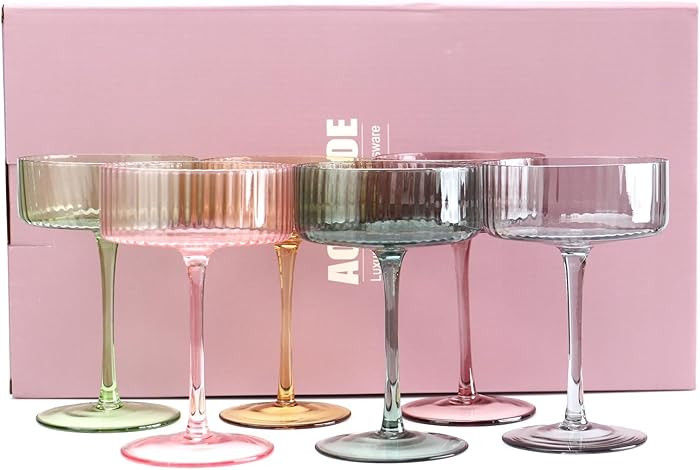 Champagne Coupe Glasses Set Of 6 Martini Glasses Ribbed Colored Glassware Vintage Cocktail Glasse... | Amazon (US)