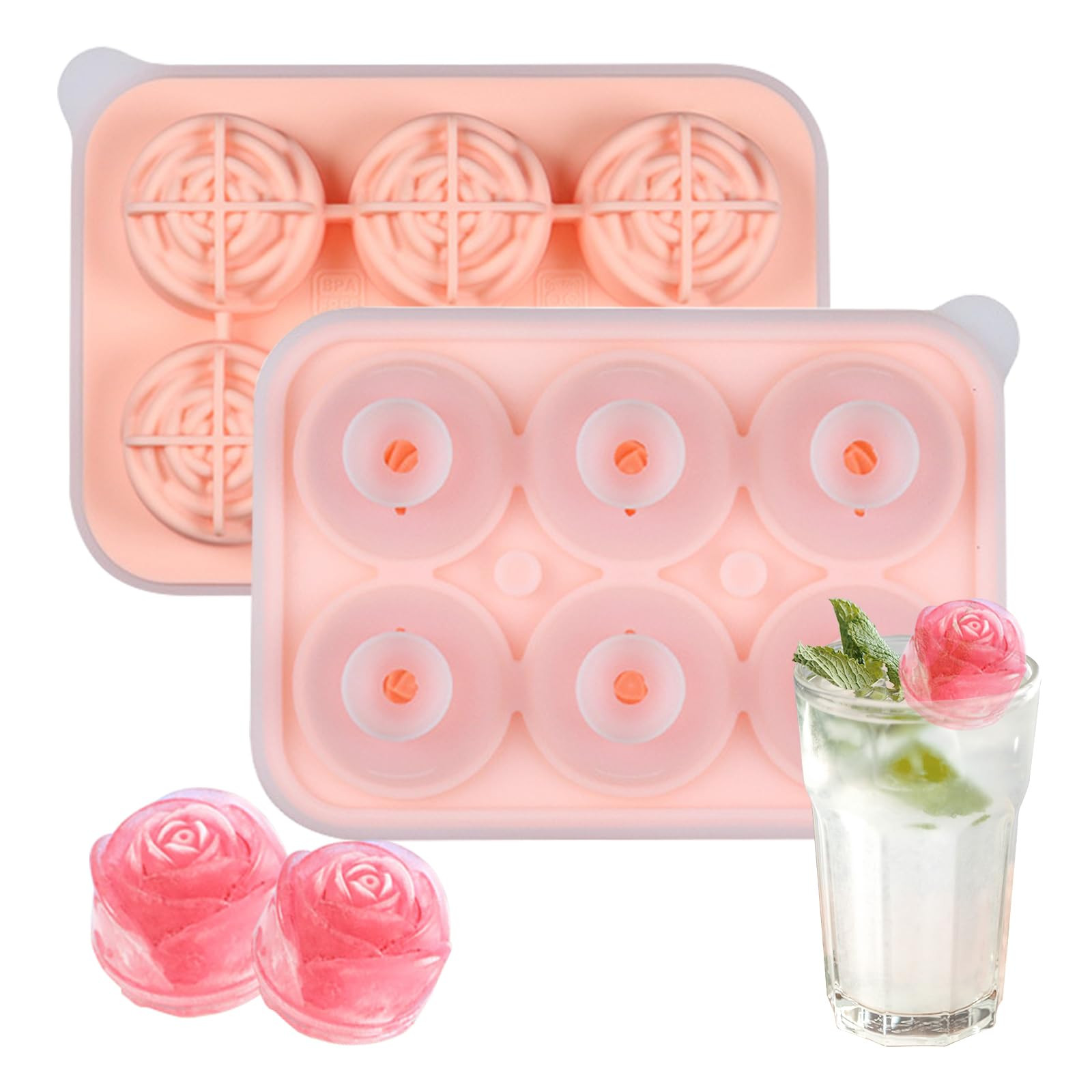 2 PCS 3D Rose Ice Cube Tray, 6 Grid Cute Silicone Ice Cube Molds with Lid, Easy Release Ice Cube ... | Amazon (US)