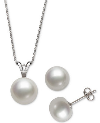 Belle de Mer 2-Pc. Set White Cultured Freshwater Pearl Pendant Necklace (9mm) & Stud Earrings (8m... | Macys (US)