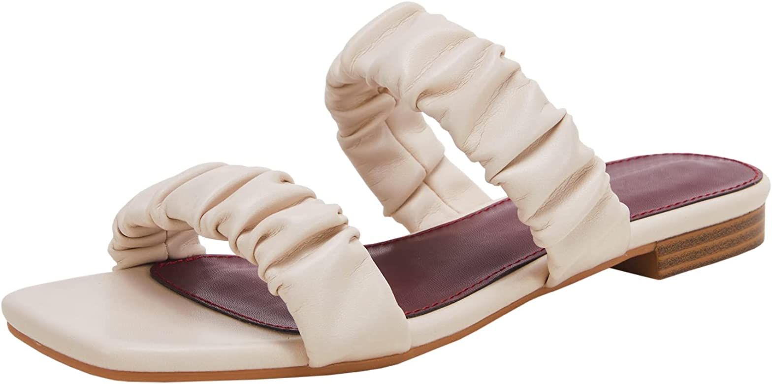 VETASTE Women's Square Open Toe Flat Sandals Two Ruched Leather Strap Slide Sandal | Amazon (US)