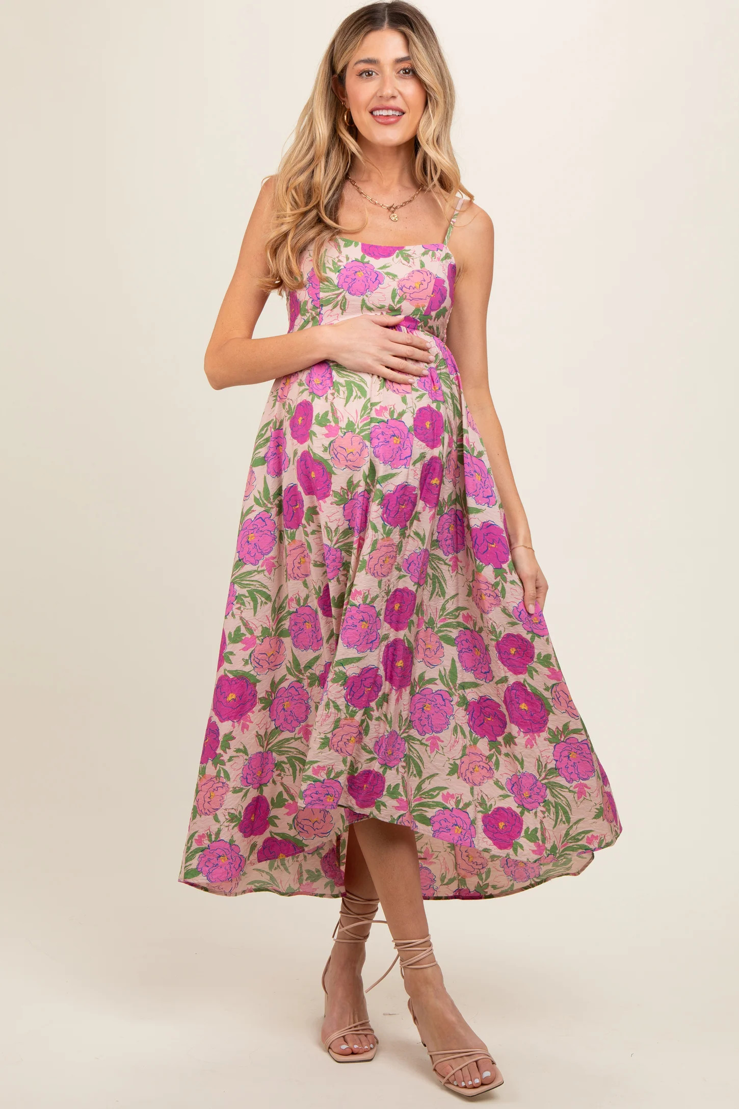 Pink Floral Hi-Lo Sleeveless Maternity Midi Dress | PinkBlush Maternity