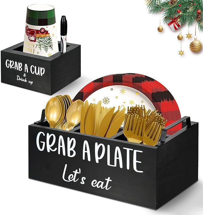 Paper Plate Dispenser for Countertop, Wood Silverware Caddy, Rustic Paper Plate Holders, Napkin H... | Amazon (US)