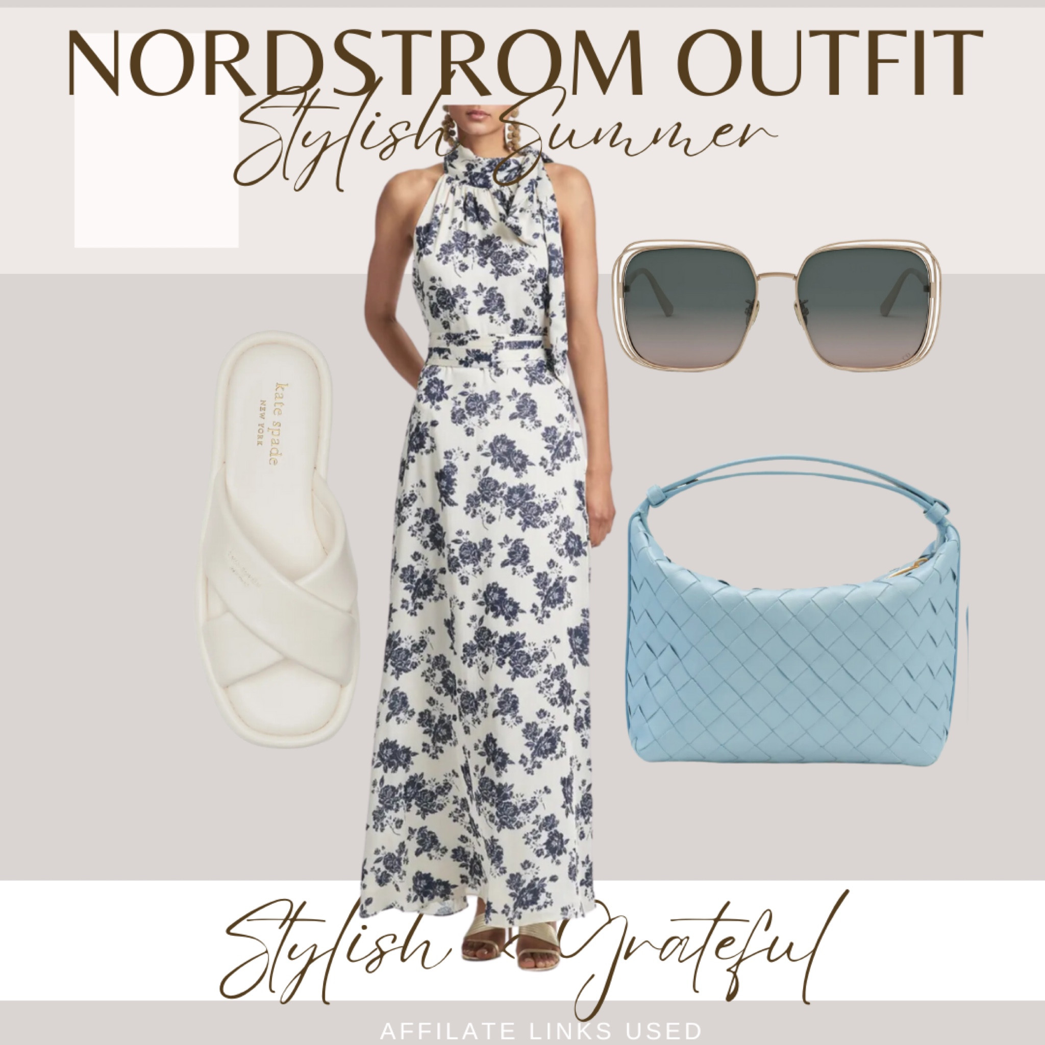 Step into summer with elegance in this beautiful outfit from Nordstrom. The ensemble features a sophisticated white halter-neck dress adorned with blue floral patterns, perfect for any summer occasion. Complementing the dress are comfortable white slide sandals and chic gold-rimmed sunglasses for a touch of glamour. The outfit is completed with a stylish light blue woven handbag, adding a pop of color and texture. Shop this effortlessly elegant summer look now! #StylishAndGrateful #SummerFashion #NordstromOutfit #ElegantStyle #AffiliateLinks

#LTKxNSale #LTKOver40 #LTKMidsize