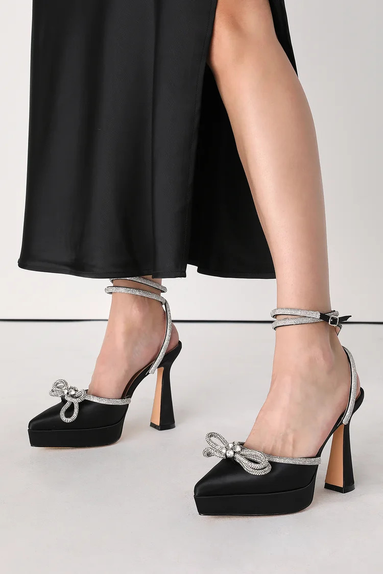 Lullie Black Satin Rhinestone Platform Pointed-Toe Pumps | Lulus (US)
