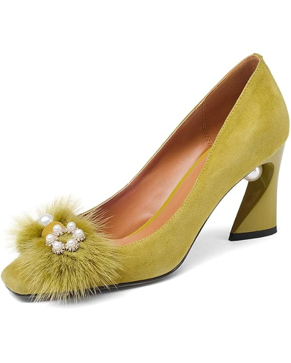 Fashion Heel Suede Leather Women's Square Toe Chunky Heels Vintage Floral Handmade Dress Pump Sho... | Amazon (US)