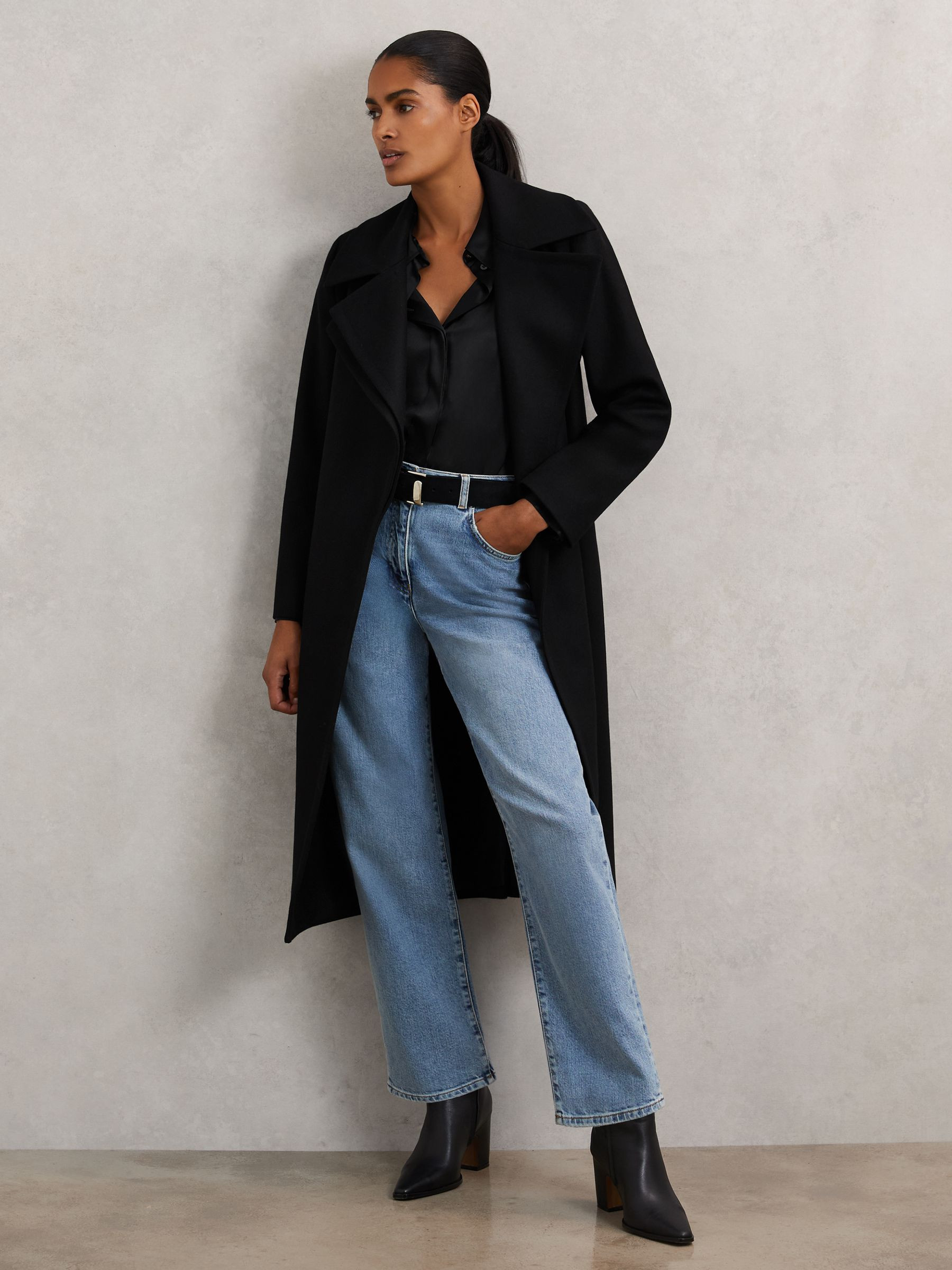 Petite Wool-Blend Double-Lapel Belted Coat With Cashmere in Black | Reiss UK