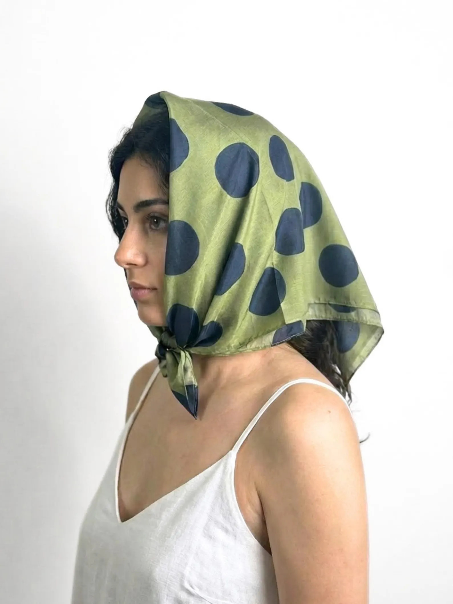 Polka Dot Mulberry Silk Cotton Blend Scarf, Moss Green Vintage Bandana Scarf for Women, 65cm Silk... | Etsy (Global)