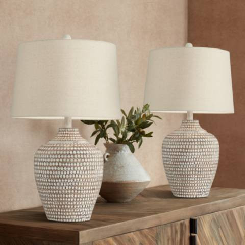 Alese Neutral Earth Finish Textured Dot Jug Table Lamps Set of 2 | Lamps Plus