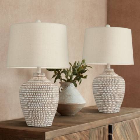Alese Neutral Earth Finish Textured Dot Jug Table Lamps Set of 2 | Lamps Plus
